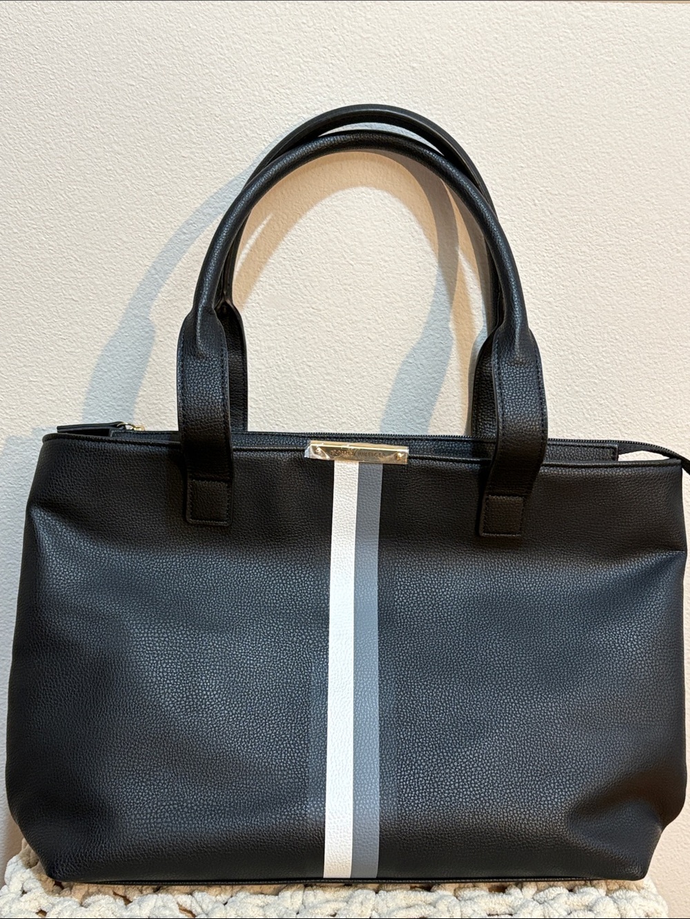 Tommy Hilfiger Black Tote with White and Gray Center Stripe